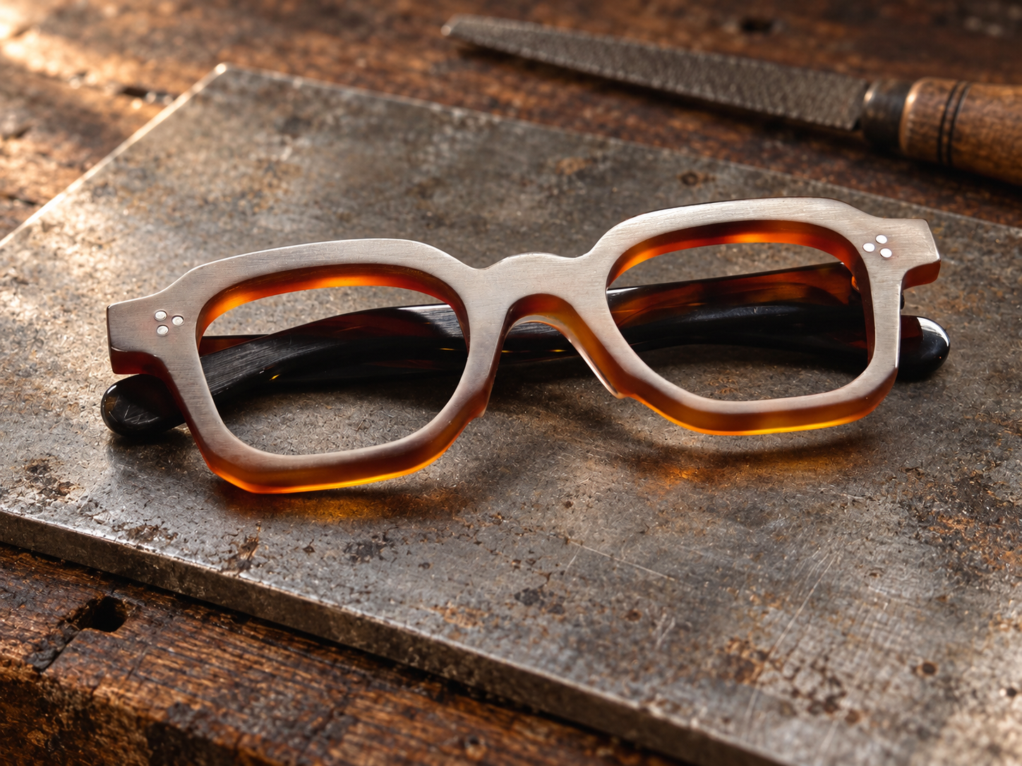 Bespoke frame of amber acetate and brushed metal on a weathered metal plate at the atelier bench.