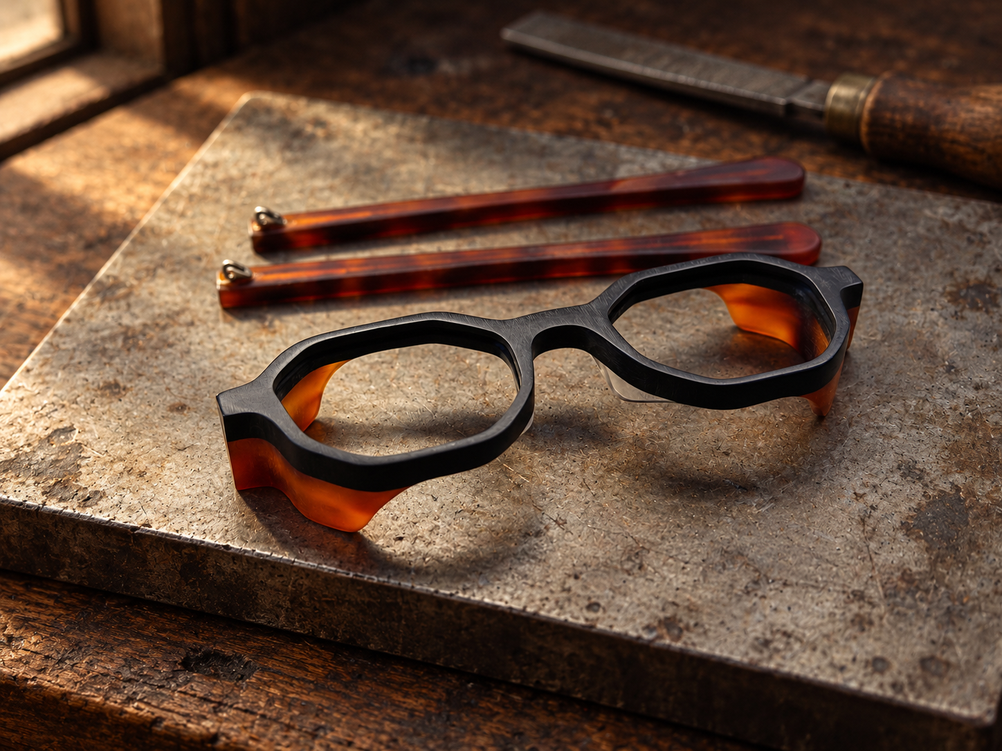 Layered acetate frame — matte black top and amber tortoiseshell base — on a scratched metal block, with temples and a file on the workbench.