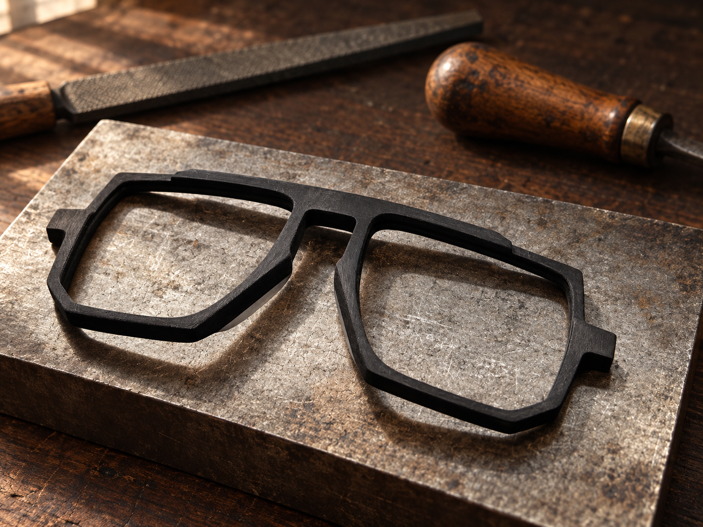 Matte black angular frame on a scratched metal block, with a file and a wooden-handled tool on the workbench.