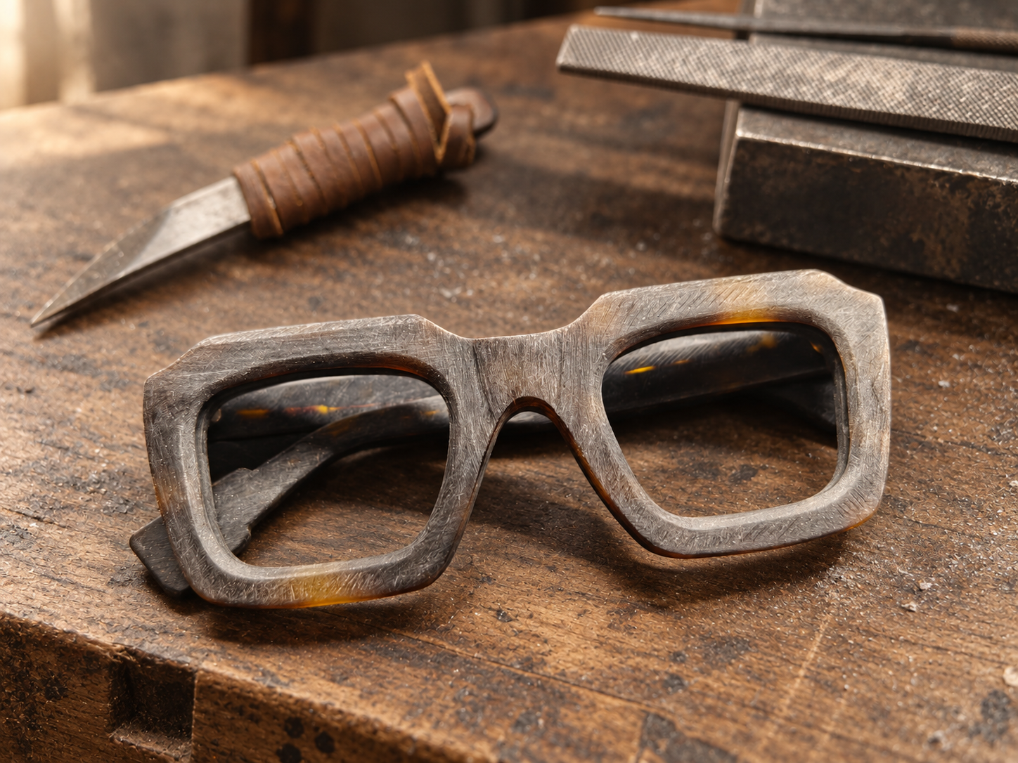 MZ01 model with angular lines in grey and amber tones on the atelier workbench.