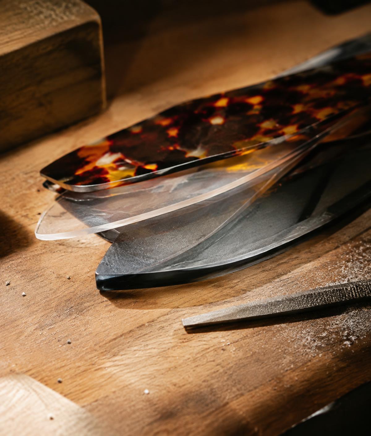 Acetate sheets in tortoise, translucent and charcoal tones on wood.