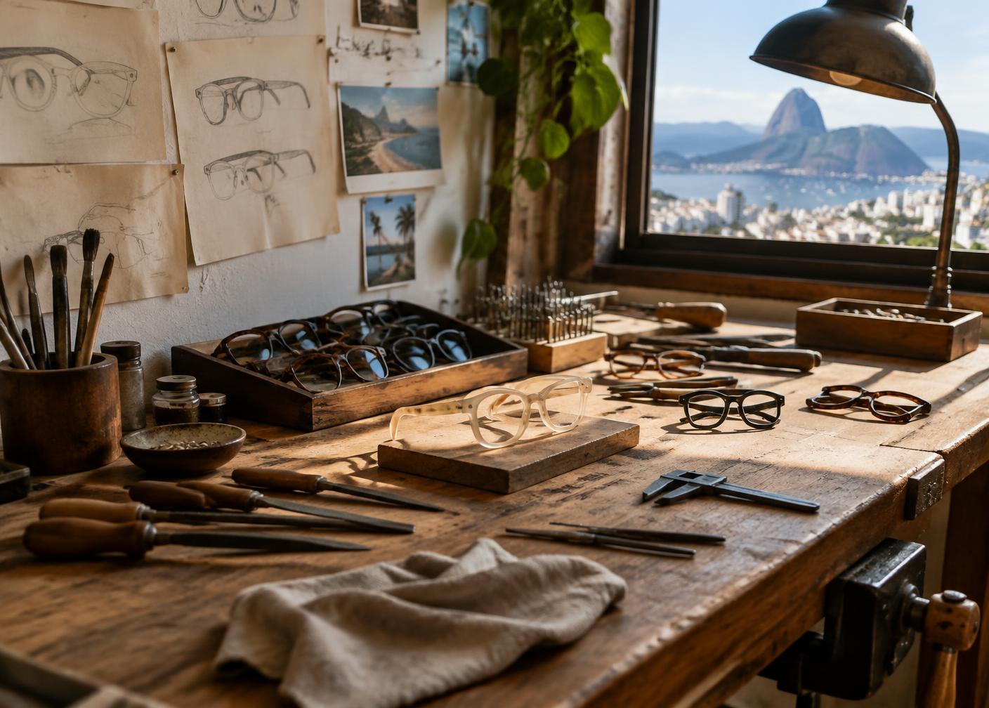 Atelier bench with hand tools, drawings and frames in progress.