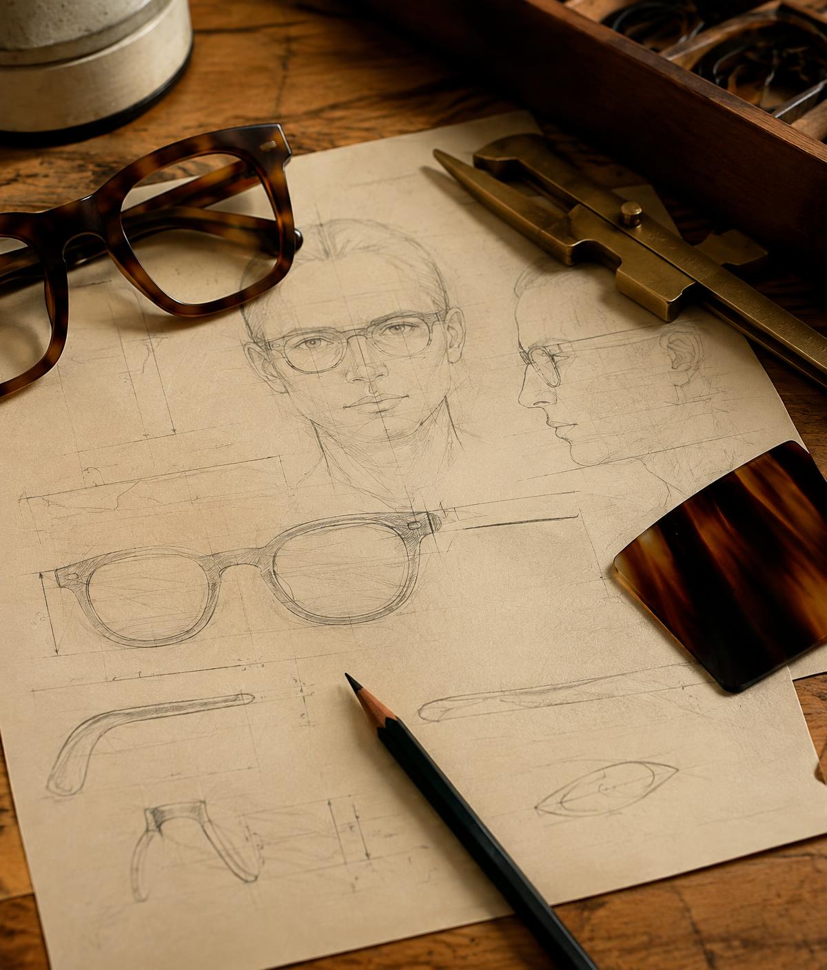 Facial proportion studies and frame drawings on paper.