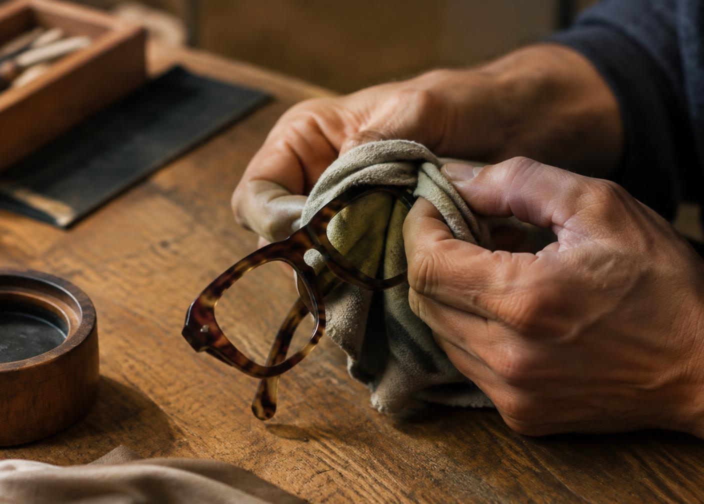 Hands polishing a tortoise acetate frame with a soft cloth.
